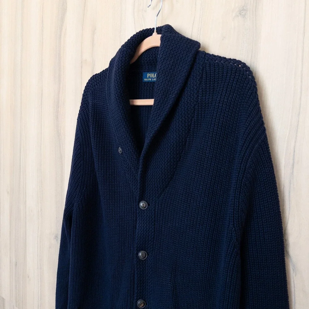 Polo Ralph Lauren Men Cardigan Large Navy Shawl Collar Heavy Fisherman Old Money